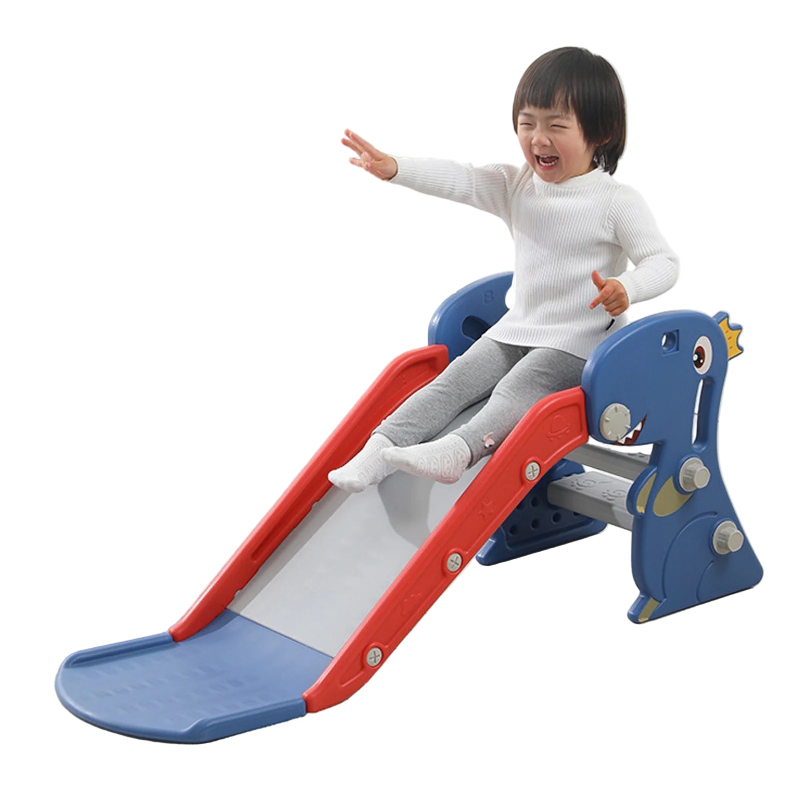 Child sliding down a red and blue slide with text 'Extended Slide Experience the Joy of Gliding' in a home setting.