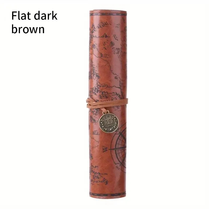 Vintage Treasure Map Leather Pencil Case – Roll-Up Pouch with Buckle Closure, Large Capacity Organizer for School, Art Supplies - Moss Roze