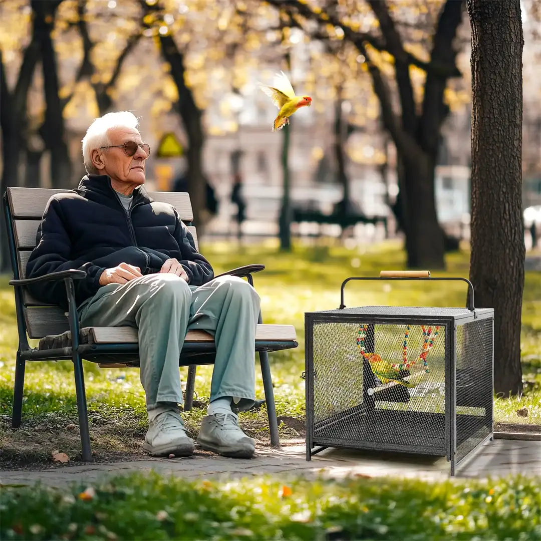 Portable Bird Cage Travel Carrier with Hammock Toy and Removable Tray