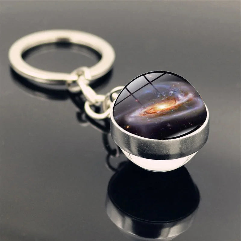 Galaxy Planet Keychain with Glass Ball Pendant | Earth Moon Solar System Key Ring for Bags, Vintage Starry Sky Universe Accessory - Moss Roze