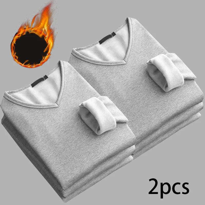 Men’s V-Neck Velvet Thermal Top | Thick Warm Fleece-Lined Long Sleeve Shirt Winter Base Layer M–4XL – Ideal Christmas Gift - Moss Roze