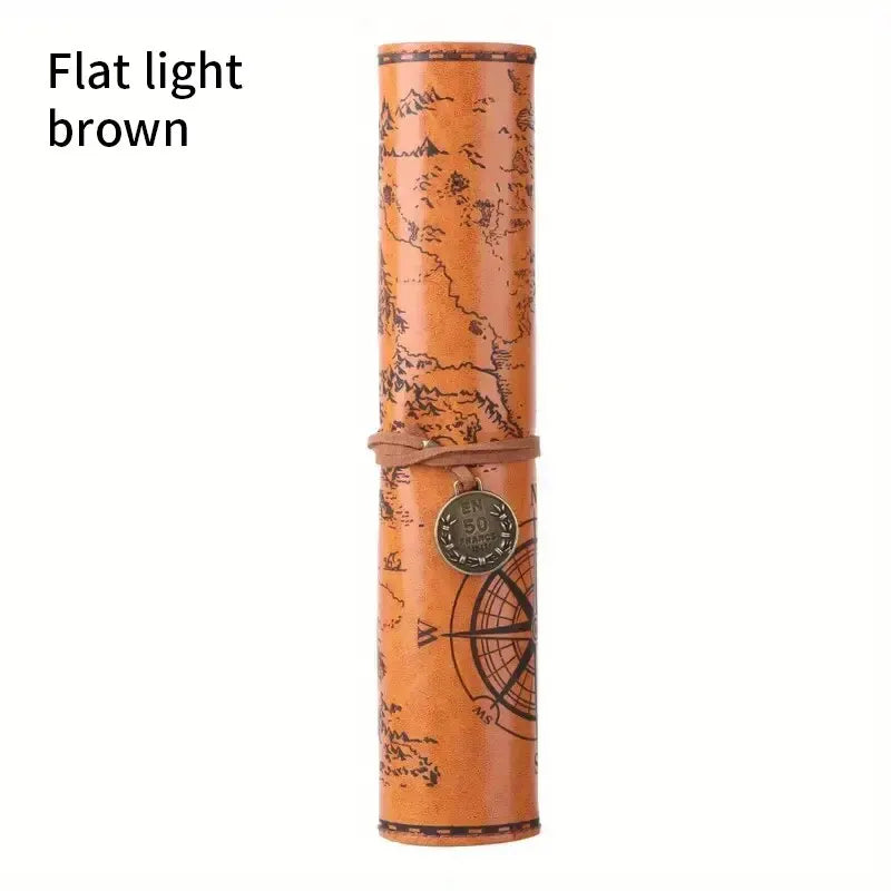 Vintage Treasure Map Leather Pencil Case – Roll-Up Pouch with Buckle Closure, Large Capacity Organizer for School, Art Supplies - Moss Roze