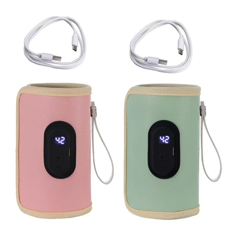 Digital Baby Bottle Warmer with USB Type-C – Portable Milk Heater with Adjustable Temperature and Display for Travel, Car, and Home - Moss Roze