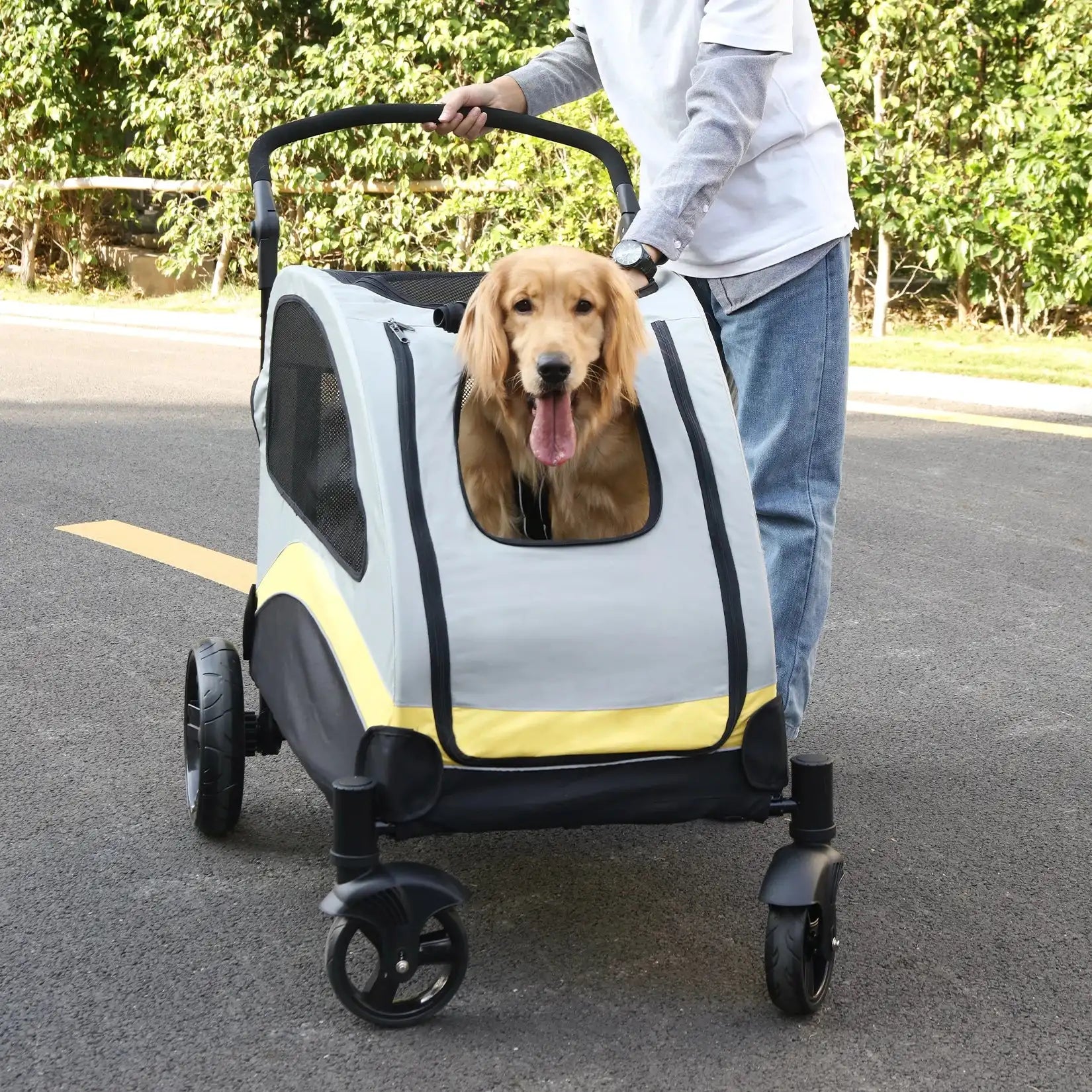 Foldable 4-Wheel Dog Stroller – Portable Pet Travel Carriage for Large Dogs & Cats, Breathable Outdoor Carrier
