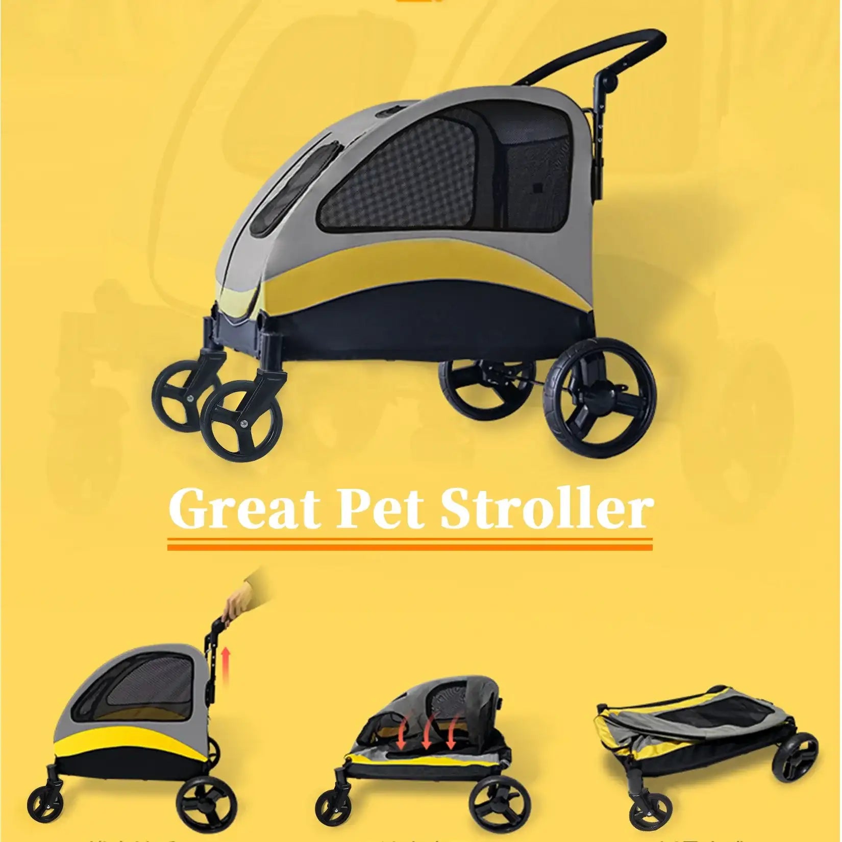Foldable 4-Wheel Dog Stroller – Portable Pet Travel Carriage for Large Dogs & Cats, Breathable Outdoor Carrier