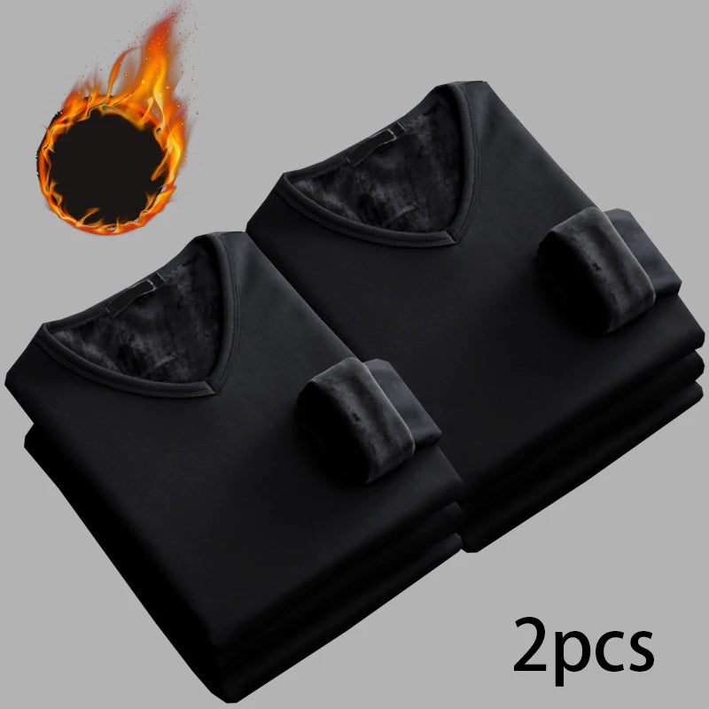 Men’s V-Neck Velvet Thermal Top | Thick Warm Fleece-Lined Long Sleeve Shirt Winter Base Layer M–4XL – Ideal Christmas Gift - Moss Roze