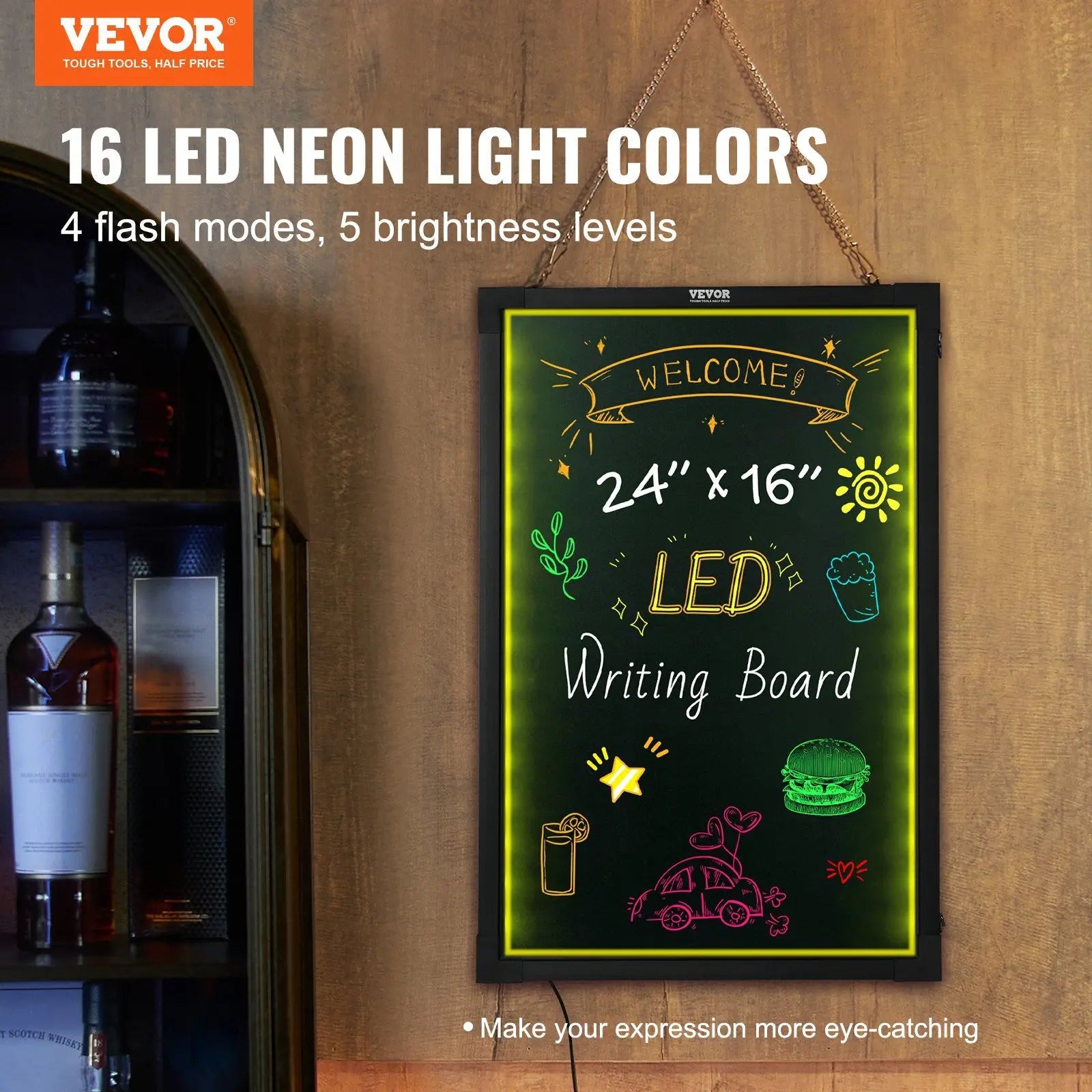 Erasable Neon Lighted Chalkboard with Remote and 8 Fluorescent Markers - Moss Roze