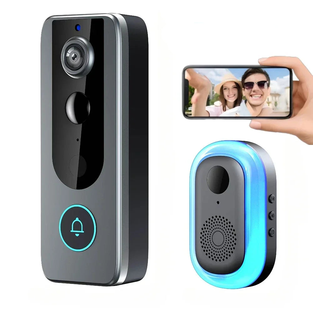 Smart doorbell with Tuya logo, showing video feed on a phone, and IP65 waterproof label.