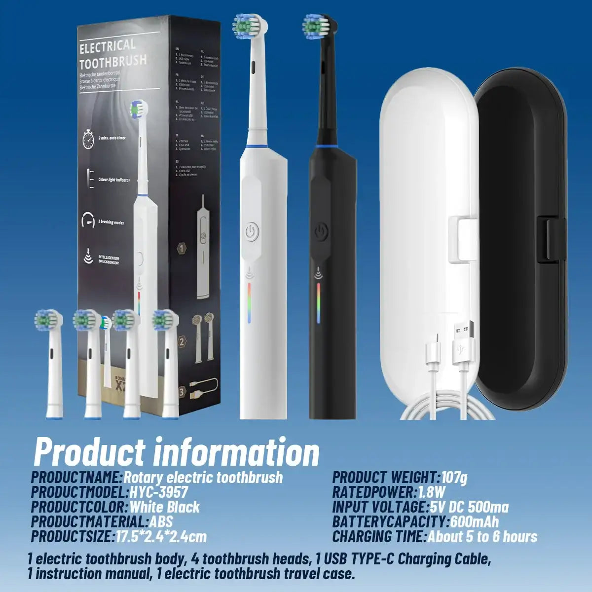 Electric Toothbrush with Rotary Round Head – Soft Bristles, Rechargeable, Multiple Cleaning Modes
