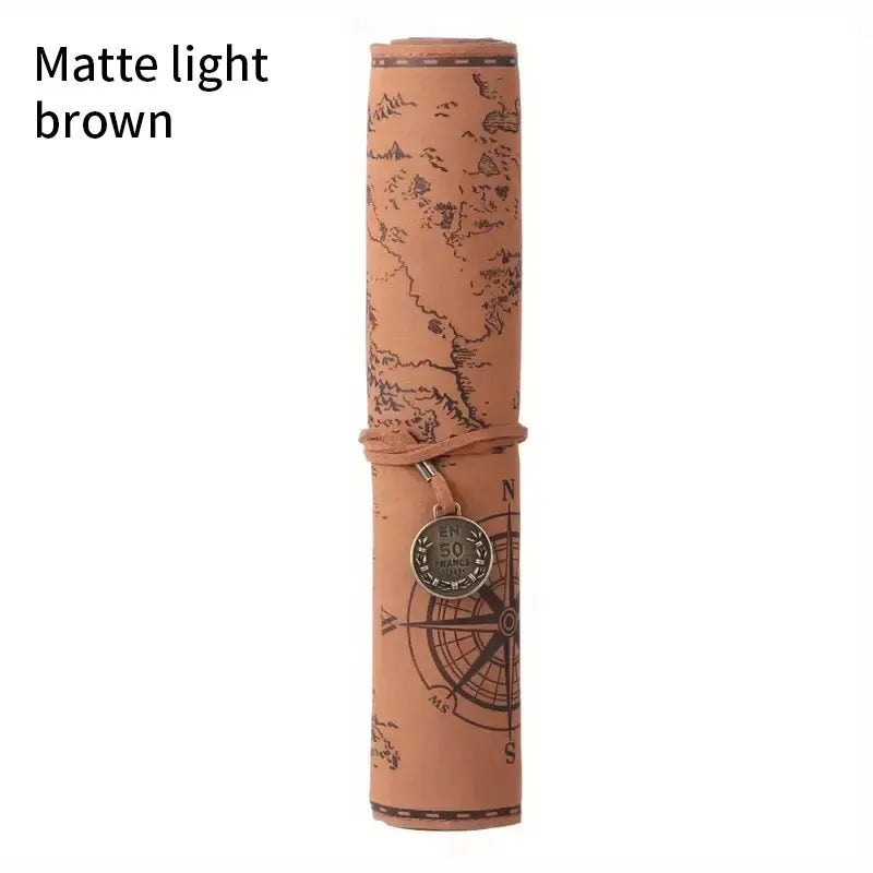 Vintage Treasure Map Leather Pencil Case – Roll-Up Pouch with Buckle Closure, Large Capacity Organizer for School, Art Supplies - Moss Roze