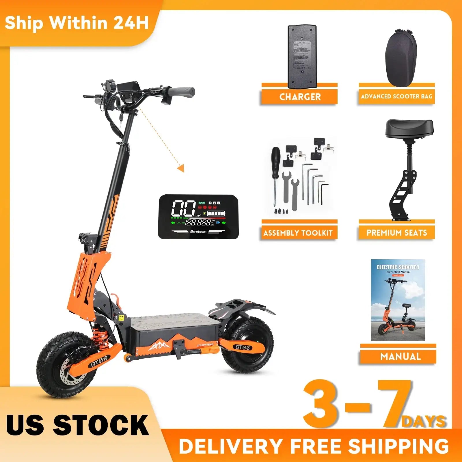 5600W Dual Motor Electric Scooter for Adults – 46MPH Top Speed, 60V 27Ah Battery, 11-Inch Off-Road Tires, Foldable with Seat