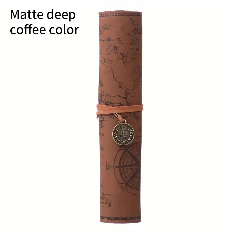 Vintage Treasure Map Leather Pencil Case – Roll-Up Pouch with Buckle Closure, Large Capacity Organizer for School, Art Supplies - Moss Roze