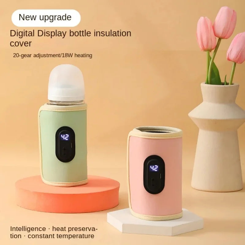 Digital Baby Bottle Warmer with USB Type-C – Portable Milk Heater with Adjustable Temperature and Display for Travel, Car, and Home - Moss Roze