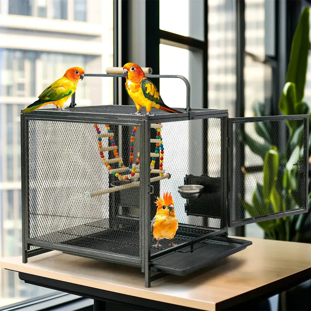Portable Bird Cage Travel Carrier with Hammock Toy and Removable Tray