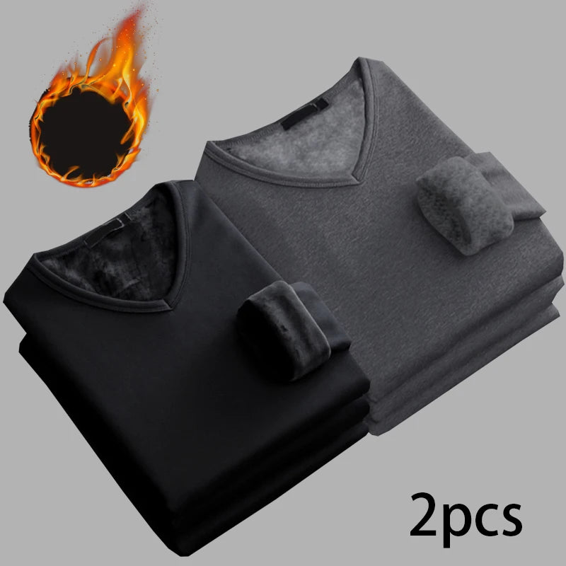Men’s V-Neck Velvet Thermal Top | Thick Warm Fleece-Lined Long Sleeve Shirt Winter Base Layer M–4XL – Ideal Christmas Gift - Moss Roze