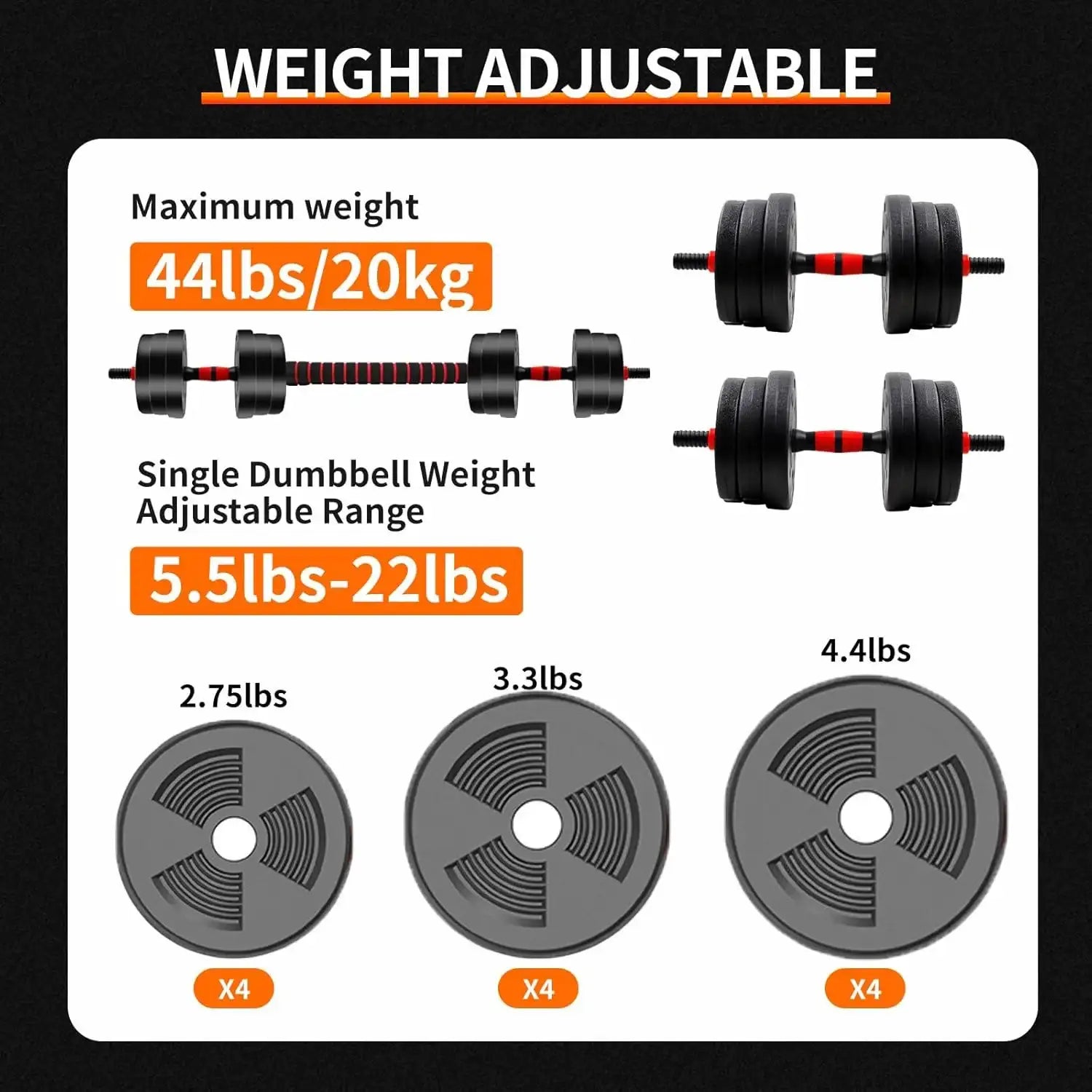 5–44lbs Adjustable Dumbbell Barbell Set – Home Gym Weights with Anti-Slip Grip