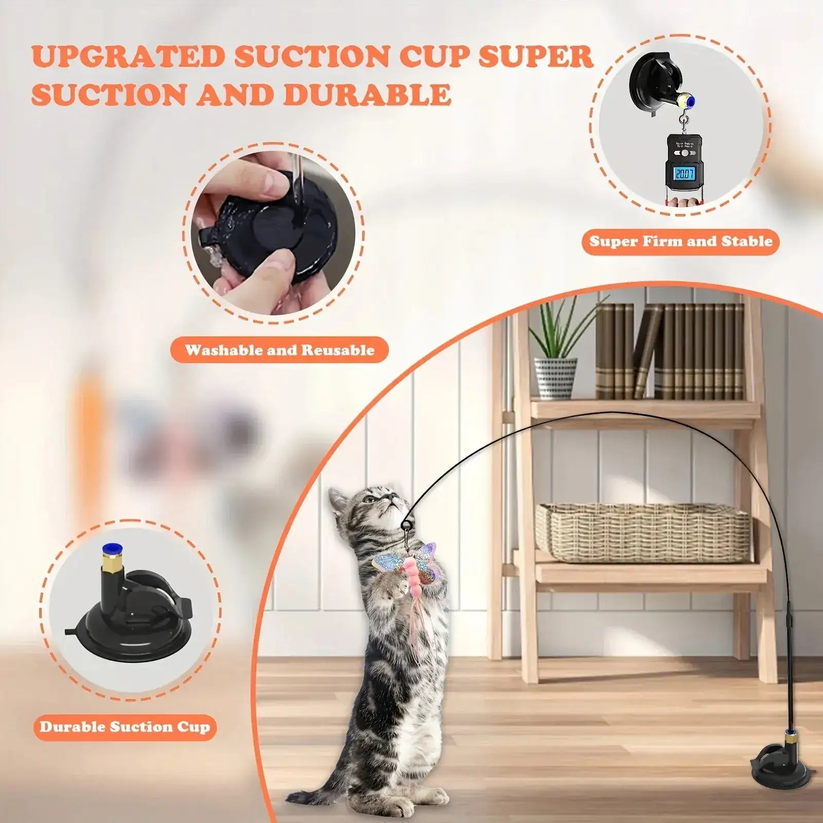 Interactive Cat Teaser Toy with Suction Cup – Feather Wand & Bell Pole for Active Play