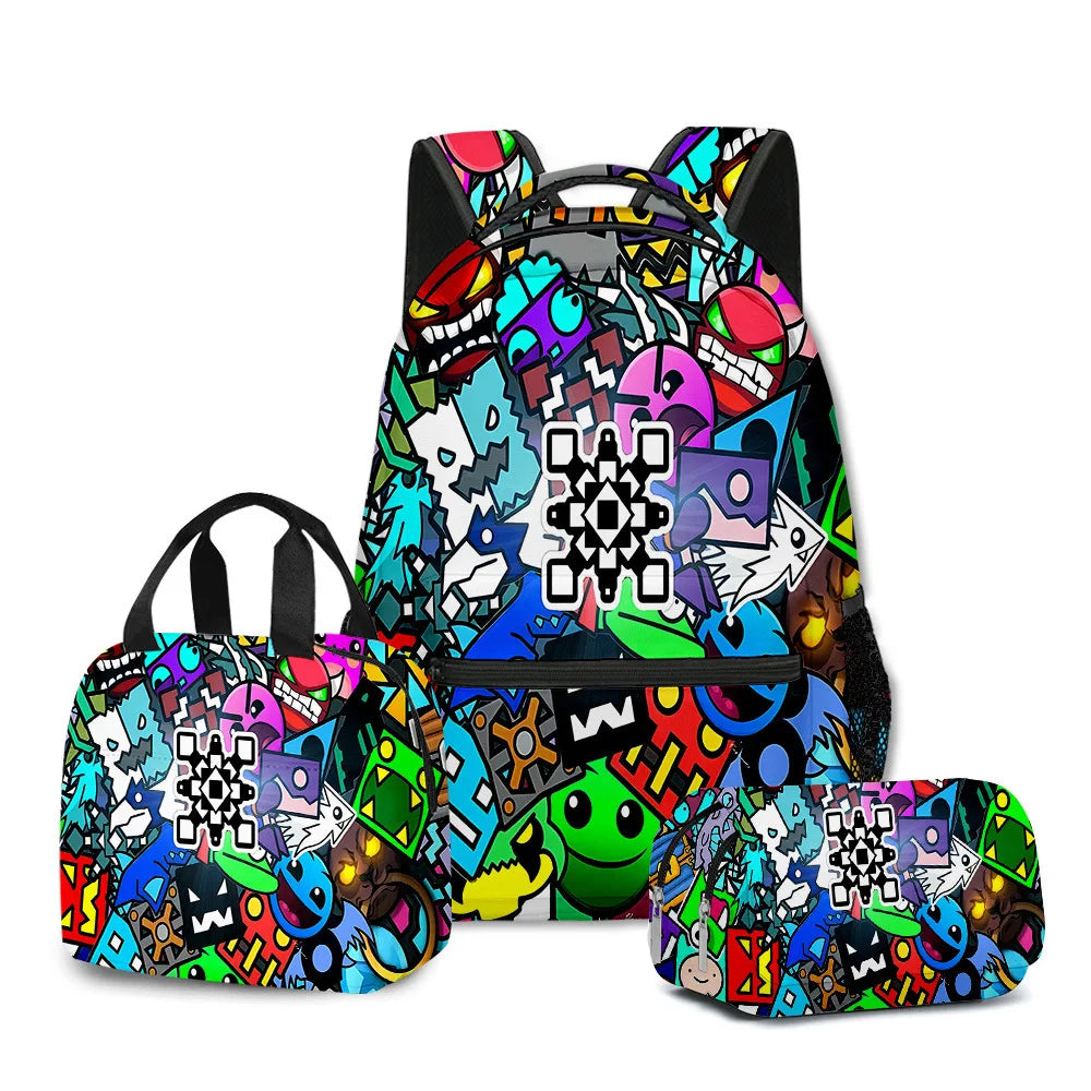 Classic Geometry Dash 3-Piece School Backpack Set – 3D Printed Backpac ...