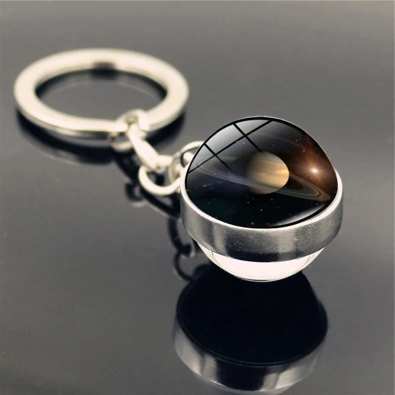 Galaxy Planet Keychain with Glass Ball Pendant | Earth Moon Solar System Key Ring for Bags, Vintage Starry Sky Universe Accessory - Moss Roze