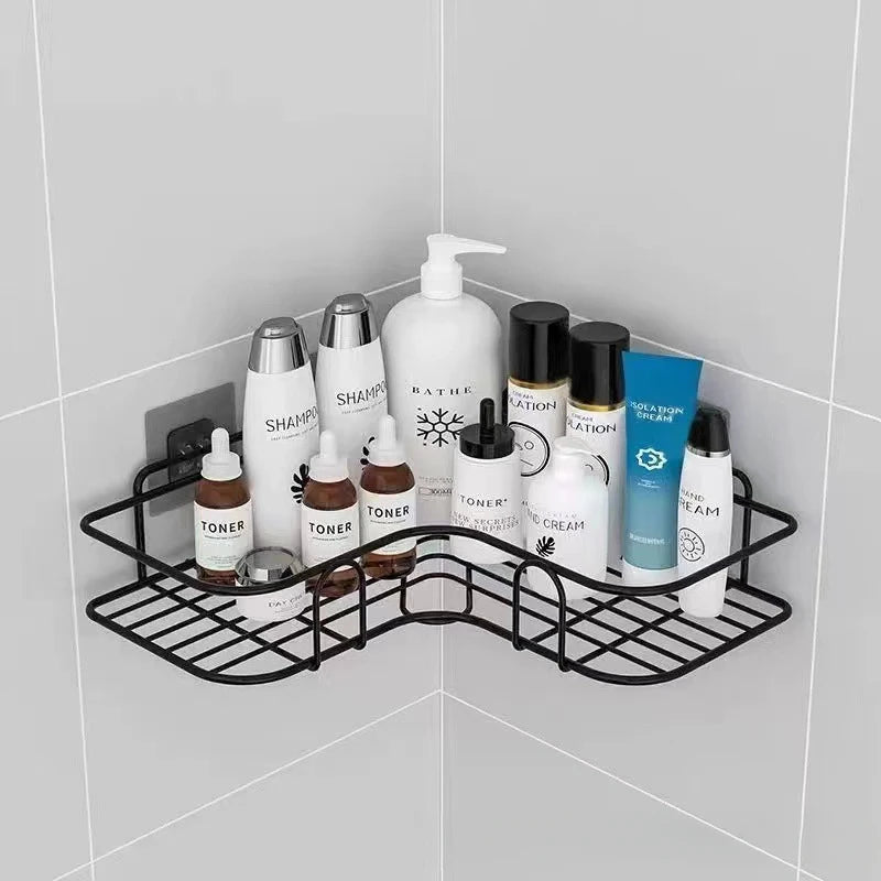 Wall Mounted Bathroom Shelf | Iron Corner Shower Rack with Drain Basket for Shampoo & Cosmetics – No Drill Storage Organizer for Bathroom & Kitchen - Moss Roze
