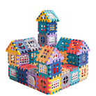 Colorful building block toys shaped like houses on a light blue background with text 'Building Block Toys For Houses'.