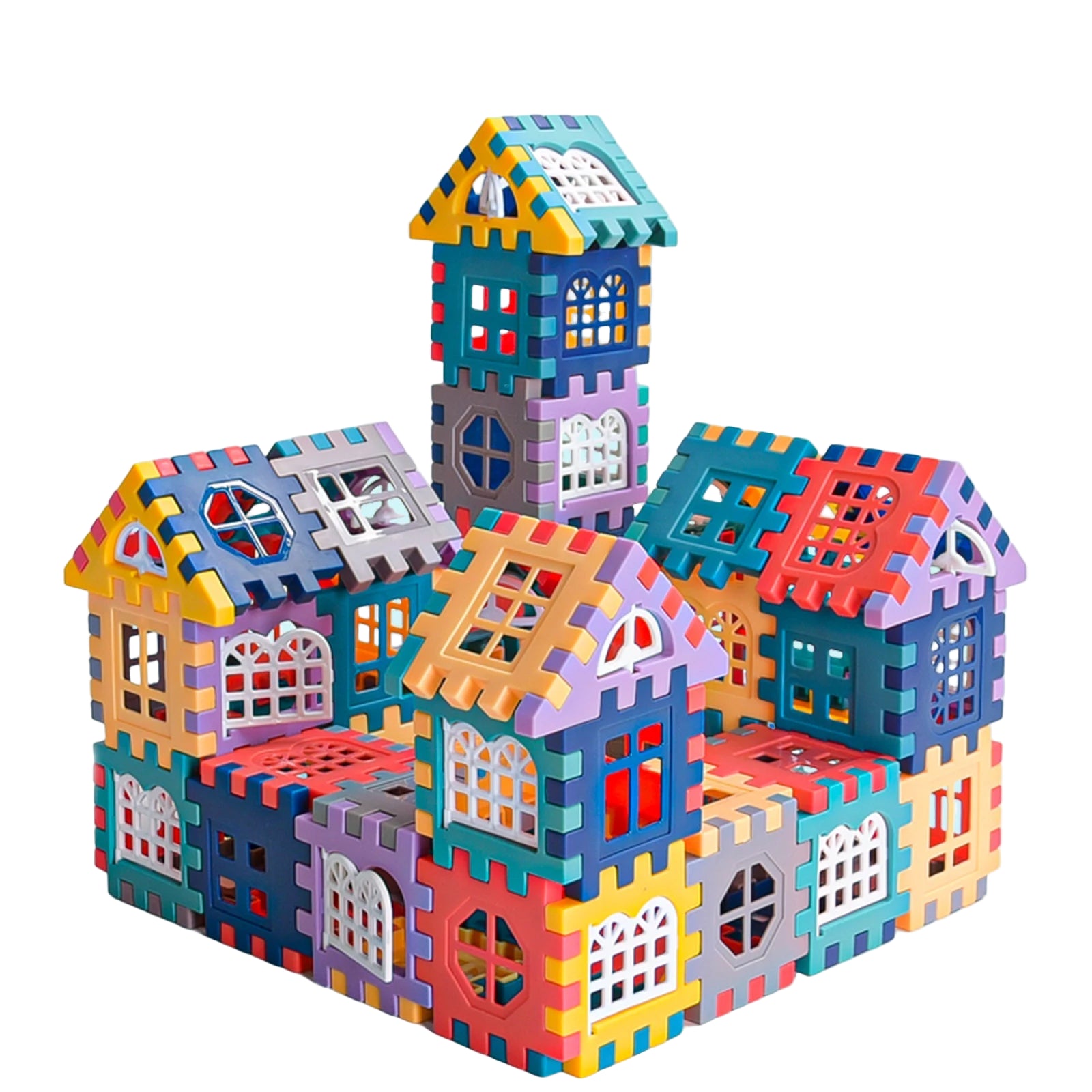 Colorful building block toys shaped like houses on a light blue background with text 'Building Block Toys For Houses'.