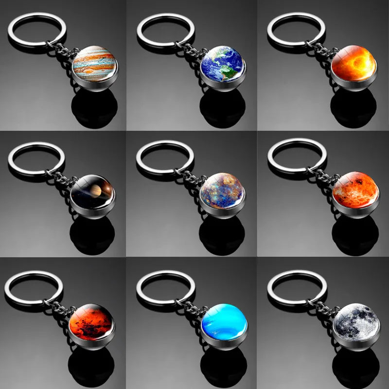 Galaxy Planet Keychain with Glass Ball Pendant | Earth Moon Solar System Key Ring for Bags, Vintage Starry Sky Universe Accessory - Moss Roze