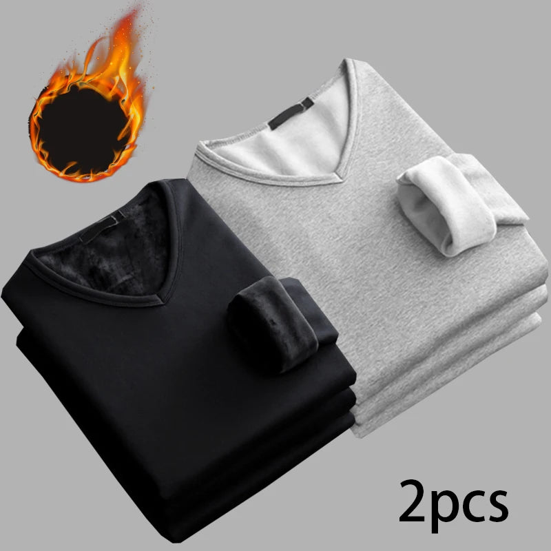 Men’s V-Neck Velvet Thermal Top | Thick Warm Fleece-Lined Long Sleeve Shirt Winter Base Layer M–4XL – Ideal Christmas Gift - Moss Roze
