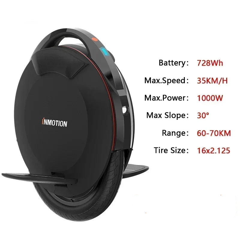 Inmotion V8S electric unicycle with specifications on a white background