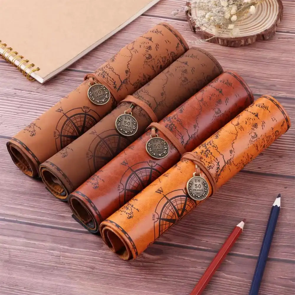 Vintage Treasure Map Leather Pencil Case – Roll-Up Pouch with Buckle Closure, Large Capacity Organizer for School, Art Supplies