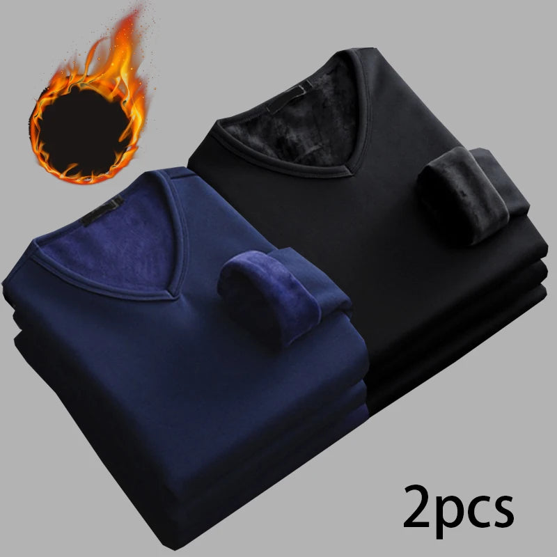 Men’s V-Neck Velvet Thermal Top | Thick Warm Fleece-Lined Long Sleeve Shirt Winter Base Layer M–4XL – Ideal Christmas Gift - Moss Roze