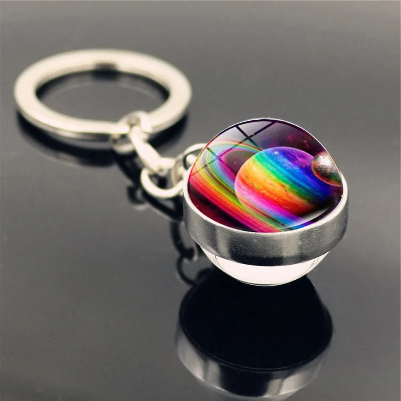 Galaxy Planet Keychain with Glass Ball Pendant | Earth Moon Solar System Key Ring for Bags, Vintage Starry Sky Universe Accessory - Moss Roze