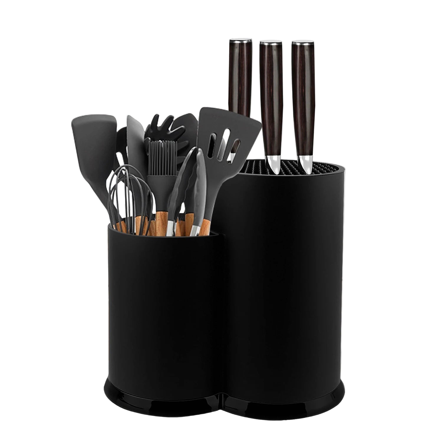 Black kitchen utensil holder with utensils on a kitchen counter