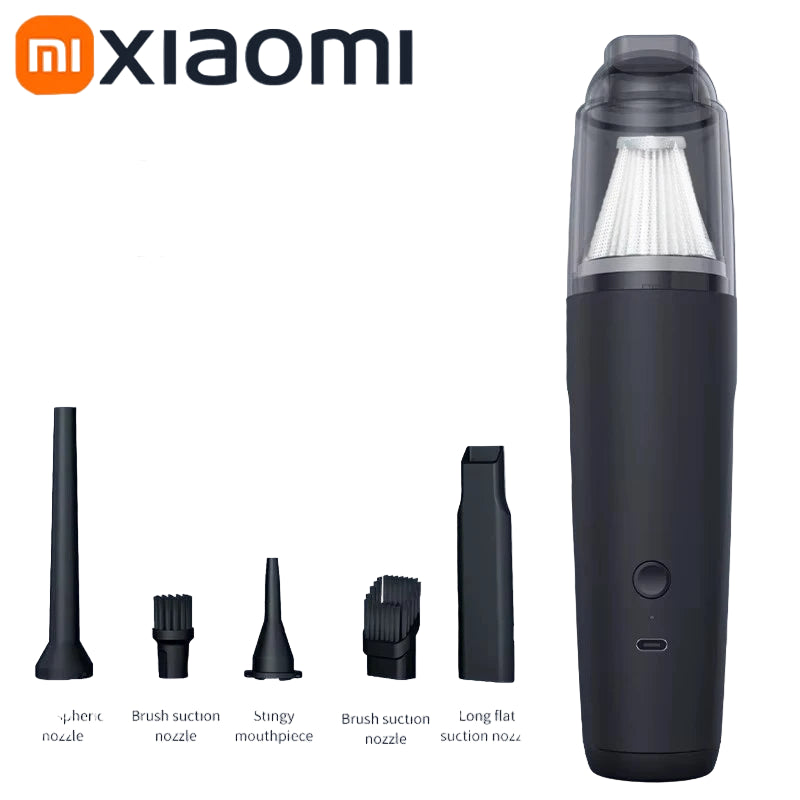 Xiaomi black handheld vacuum cleaner with attachments on a light gray background