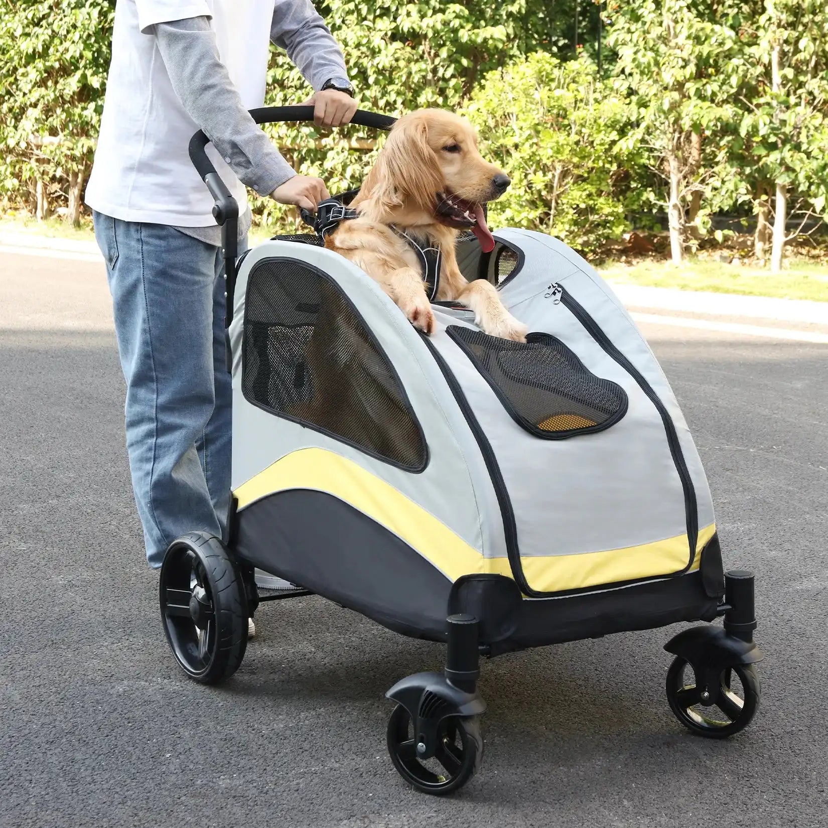 Foldable 4-Wheel Dog Stroller – Portable Pet Travel Carriage for Large Dogs & Cats, Breathable Outdoor Carrier