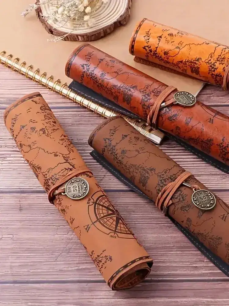 Vintage Treasure Map Leather Pencil Case – Roll-Up Pouch with Buckle Closure, Large Capacity Organizer for School, Art Supplies