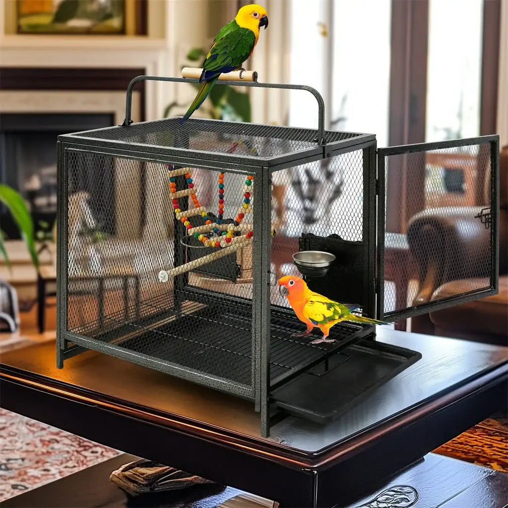 Portable Bird Cage Travel Carrier with Hammock Toy and Removable Tray