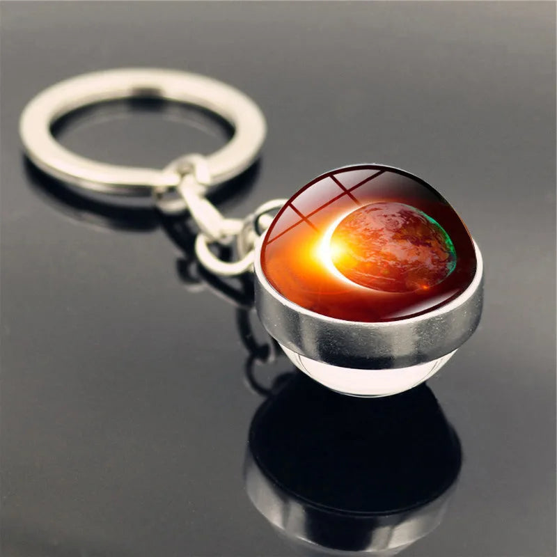 Galaxy Planet Keychain with Glass Ball Pendant | Earth Moon Solar System Key Ring for Bags, Vintage Starry Sky Universe Accessory - Moss Roze
