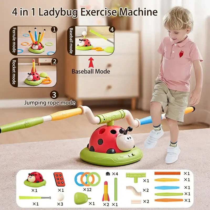 Ladybug 4-in-1 Sports & Entertainment Game Toy – Rope Skipping, Toss Ring, Rocket Launcher & Baseball Mode for Kids