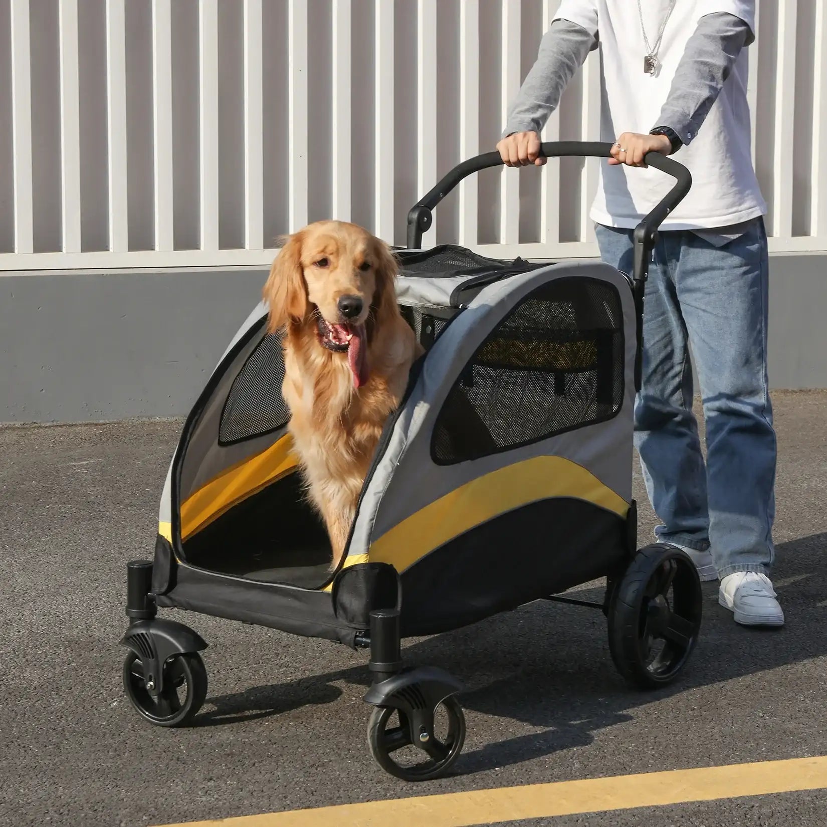 Foldable 4-Wheel Dog Stroller – Portable Pet Travel Carriage for Large Dogs & Cats, Breathable Outdoor Carrier
