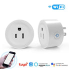 Two smart plugs with a smartphone app interface, ESPTEC logo, and compatibility with Tuya, Amazon Alexa, and Google Assistant on a white background.