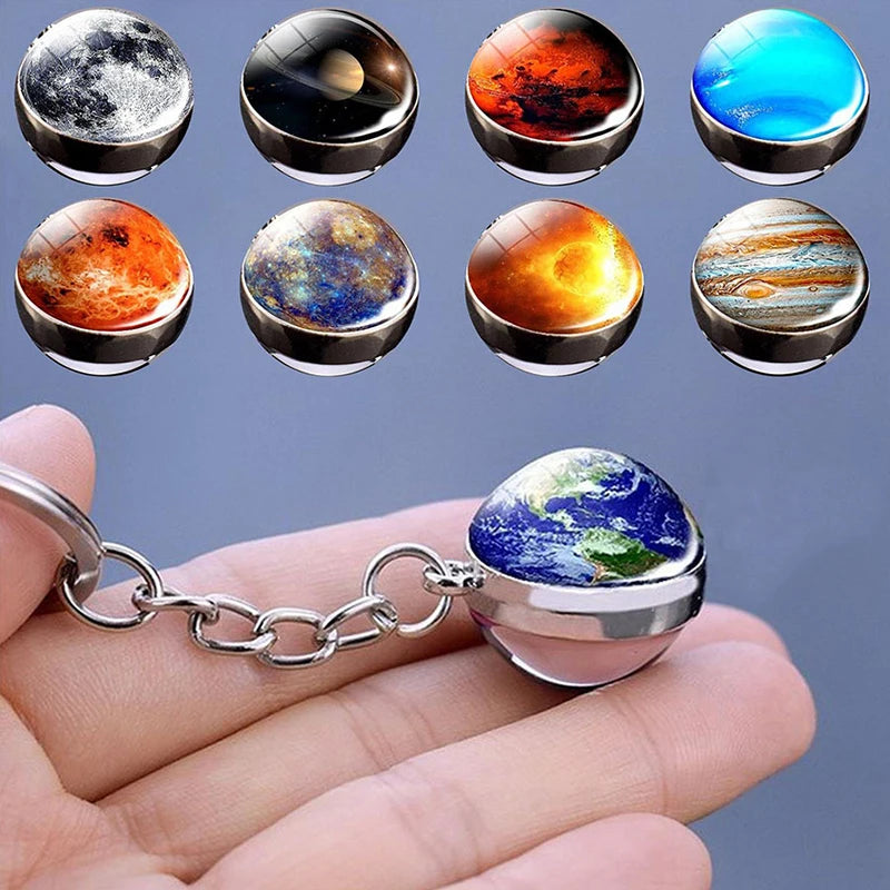 Galaxy Planet Keychain with Glass Ball Pendant | Earth Moon Solar System Key Ring for Bags, Vintage Starry Sky Universe Accessory - Moss Roze