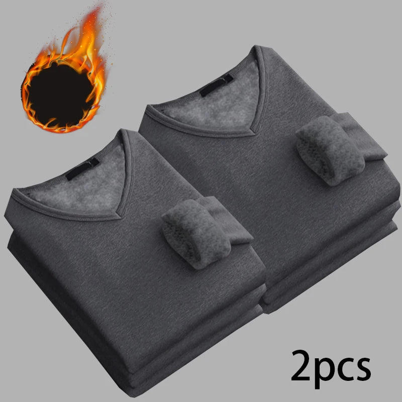 Men’s V-Neck Velvet Thermal Top | Thick Warm Fleece-Lined Long Sleeve Shirt Winter Base Layer M–4XL – Ideal Christmas Gift - Moss Roze