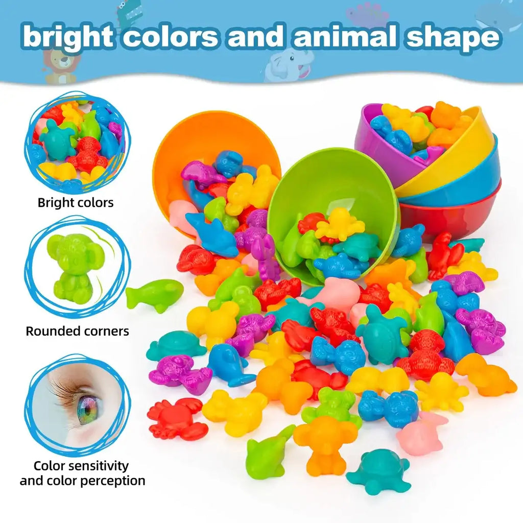 Counting Animal Sorting Toys – Montessori Preschool Learning Set for Toddlers, Color & Shape Recognition, STEM Math Educational toy