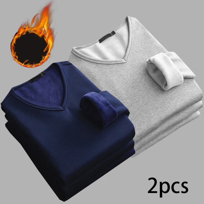 Men’s V-Neck Velvet Thermal Top | Thick Warm Fleece-Lined Long Sleeve Shirt Winter Base Layer M–4XL – Ideal Christmas Gift - Moss Roze