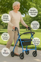 Lightweight Folding Steel Rollator Walker with Seat – 6” Wheels, Adjustable Handles & Locking Brakes | FSA/HSA Eligible