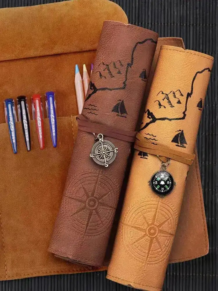 Vintage Treasure Map Leather Pencil Case – Roll-Up Pouch with Buckle Closure, Large Capacity Organizer for School, Art Supplies
