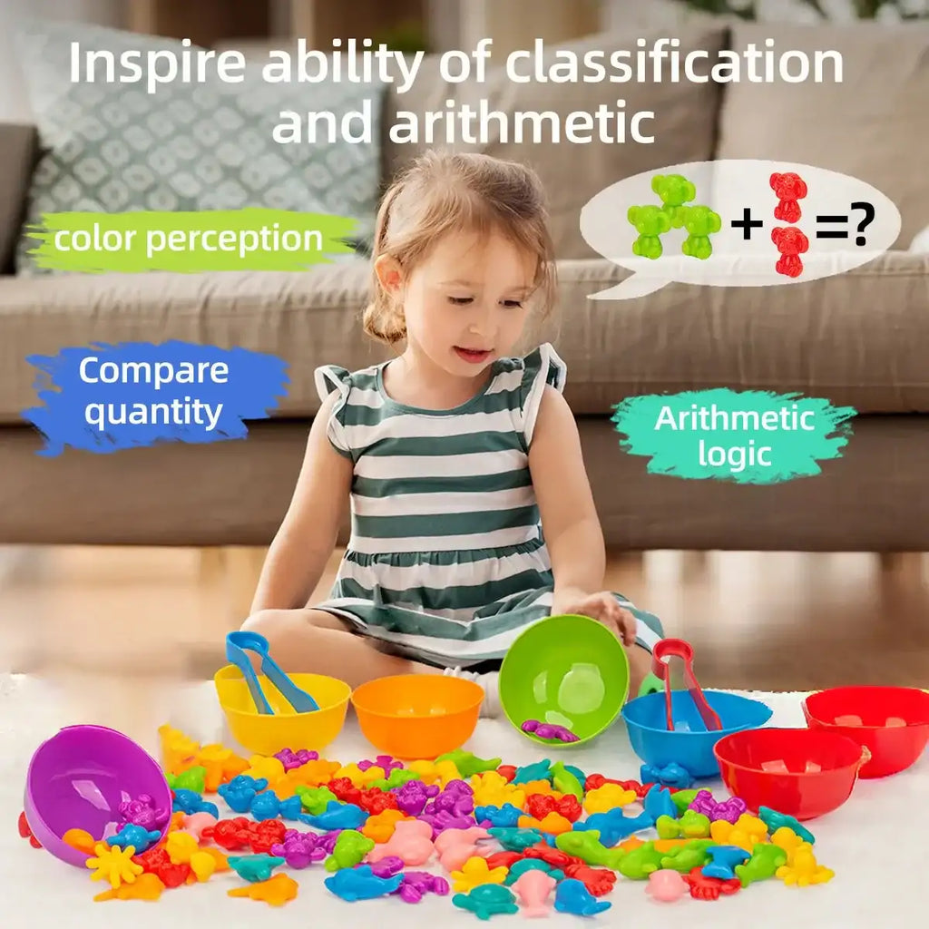 Counting Animal Sorting Toys – Montessori Preschool Learning Set for Toddlers, Color & Shape Recognition, STEM Math Educational toy
