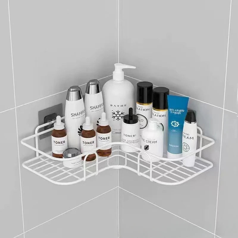 Wall Mounted Bathroom Shelf | Iron Corner Shower Rack with Drain Basket for Shampoo & Cosmetics – No Drill Storage Organizer for Bathroom & Kitchen - Moss Roze