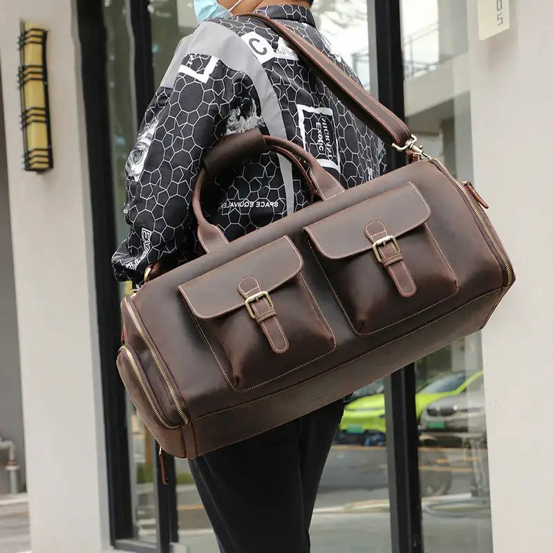 Men’s Women  Crazy Horse Leather Travel Duffel Bag – Foldable Suit Carrier & Weekend Luggage